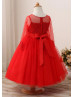 Beaded Red Lace Tulle Flower Girl Dress Birthday Party Dress